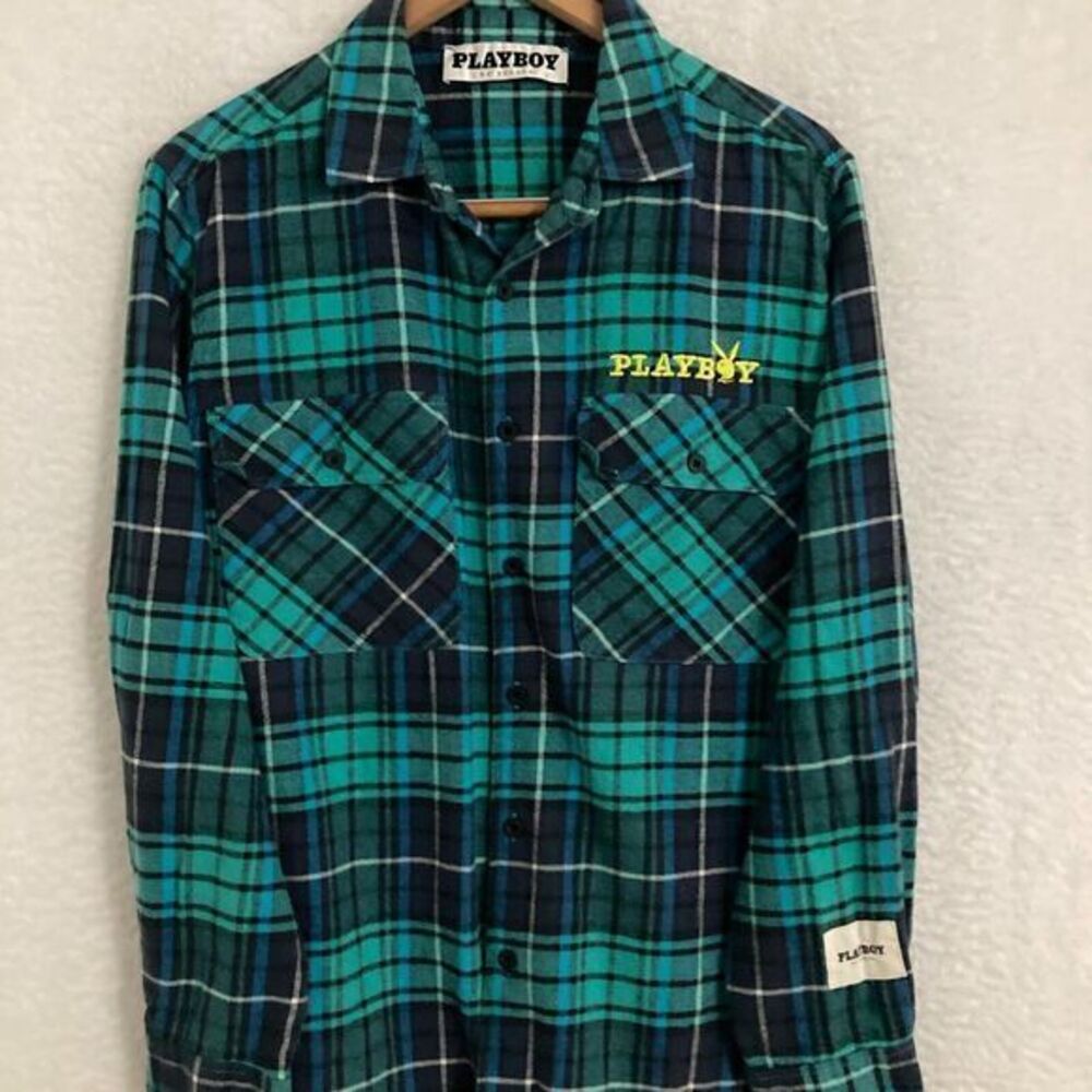 Playboy PacSun Shirt Mens M Plaid Long Sleeve Button Up Embroidered Preppy